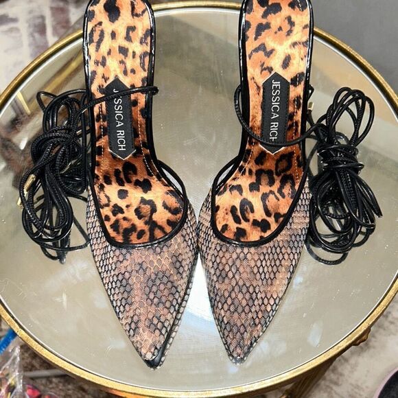 Jessica Rich Ankle Tie Pointed Toe Pump Leopard Womens Size 39 - Picture 3 of 5